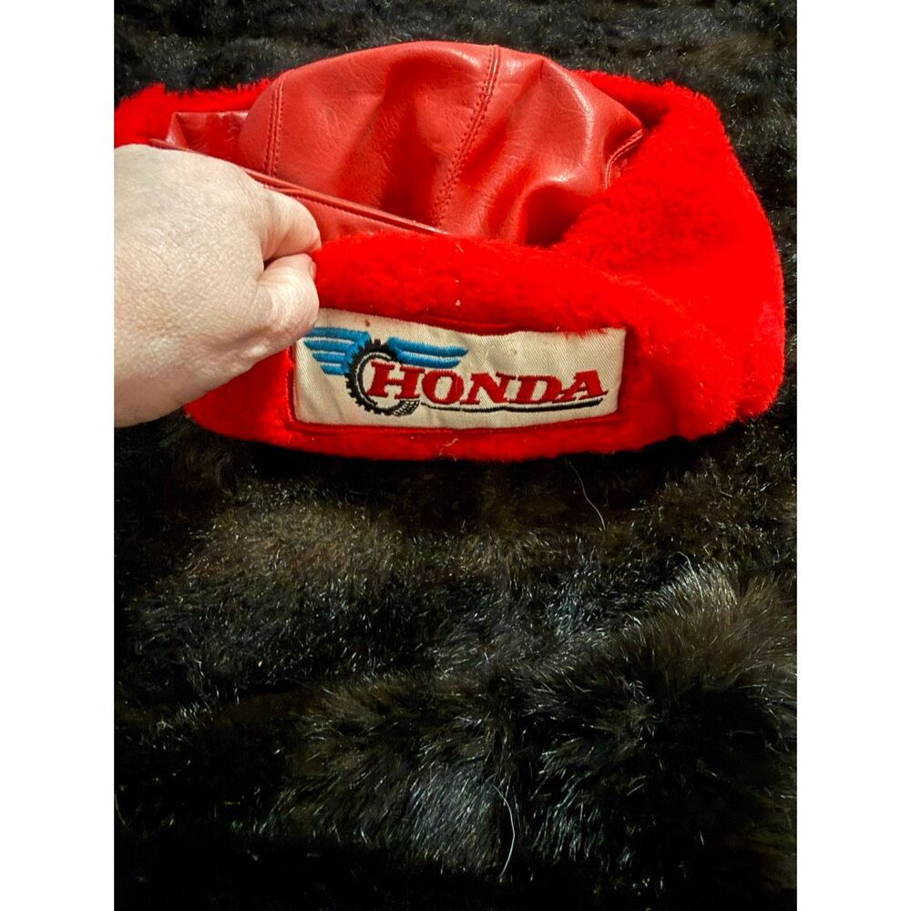 Vintage Honda red pleather trooper trapper faux fur hat L
